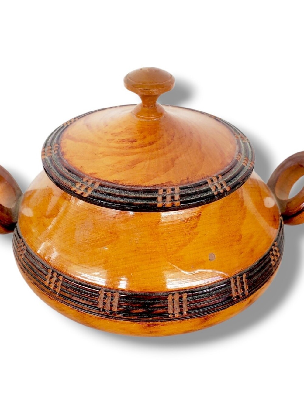 Vintage Handcrafted Wooden Lidded Bowl w/ Handles Rustic Carved Wood Pot Dish